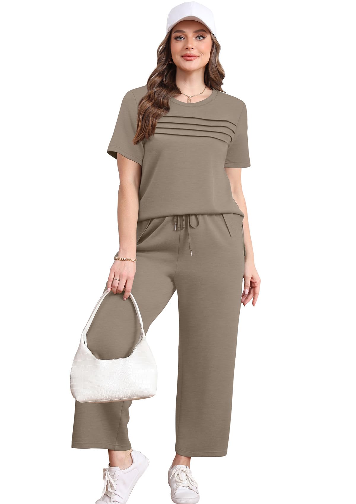 WIHOLL WIHOLL Two Piece Sets for Women Summer Spring Travel Vacation Outfits Short Sleeve Lounge Sets Side Slit Wide Leg Pants S-3XL in use