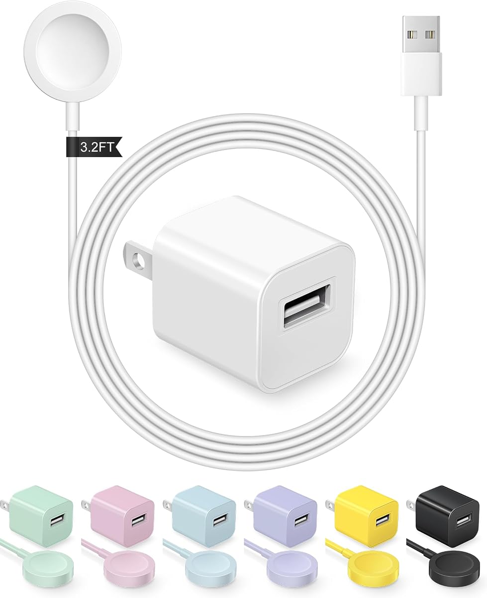 Fast Charger for Apple Watch Charger 3.2FT Wireless Cord with USB A Block | Fast Magnetic Wireless Charging Cord with Wall Chargers Plug for Apples Watchs Series 10/9/8/7/SE/6/5/4/3/2/1