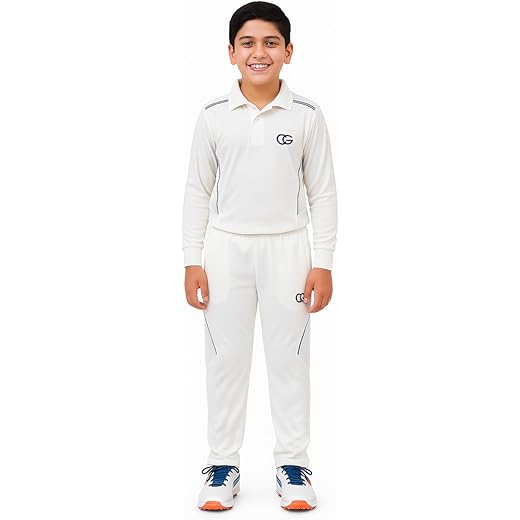 CALIGOSTLE CG Kids Cricket White Tracksuit | Full Sleeve Tshirt and Lower set for Boys | Cricket White Jersey, Dress, Uniform | Age 8 to 14 Years