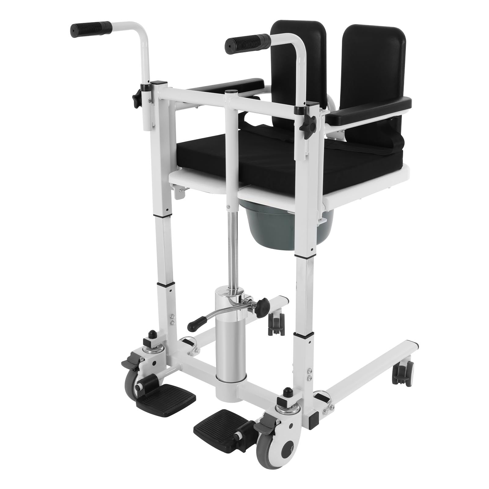 Silla elevadora hidráulica para pacientes mayores, altura regulable, reposabrazos de 3 niveles, respaldo de 180°, plegable, con ruedas y orinal, 150 kg