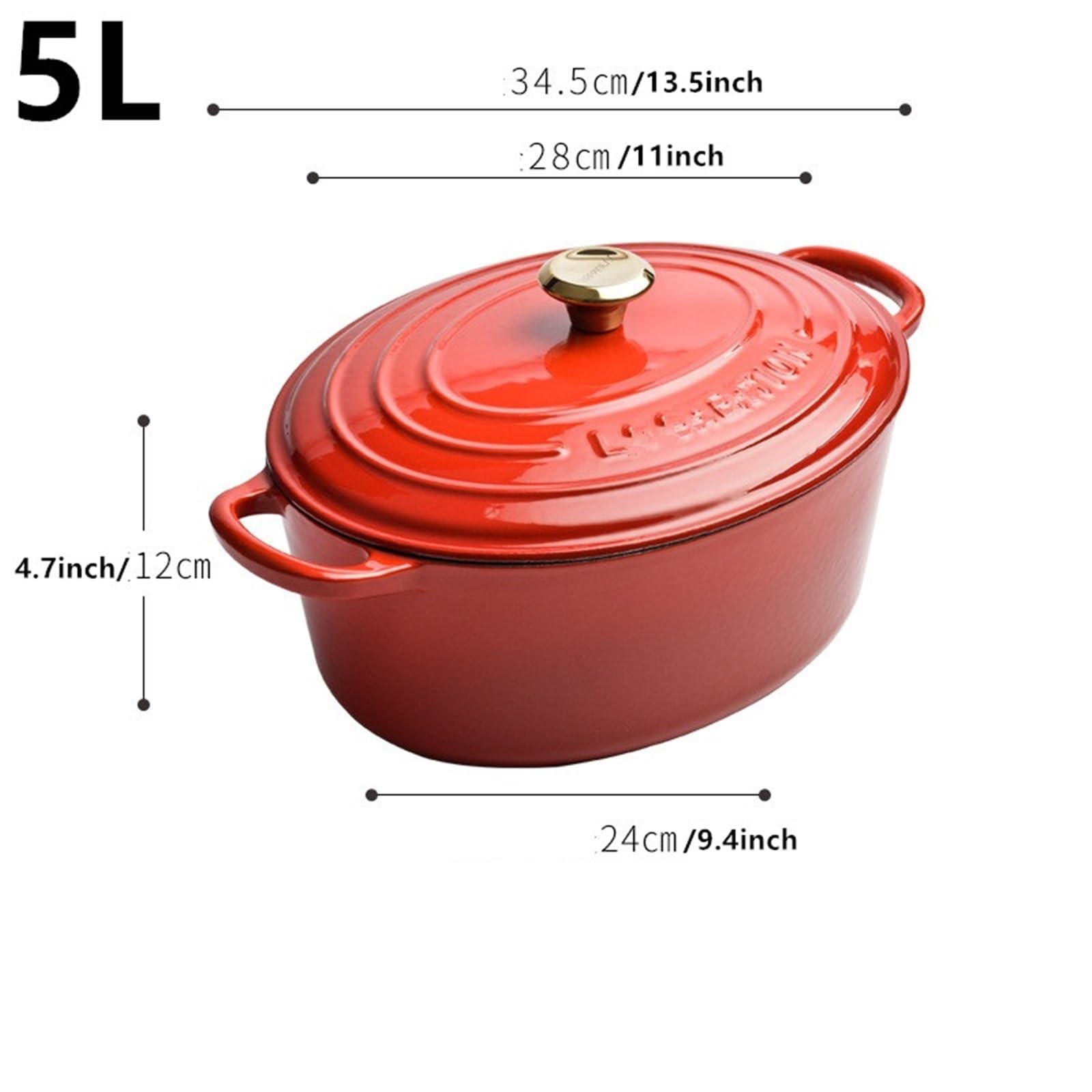 Olla De Hierro Fundido Horno ovalado de hierro fundido esmaltado 28 cm for estofar, asar, hornear pan, cacerola 5 l, utensilio cocina, cazuela(Red)