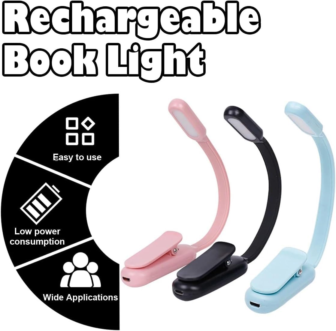 Światło LED, Lampka do czytania naścienna 2 szt. LED USB do ładowania, 360 stopni, 3 kolory, z klipsem Wielokolorowy(Rechargeable Black)