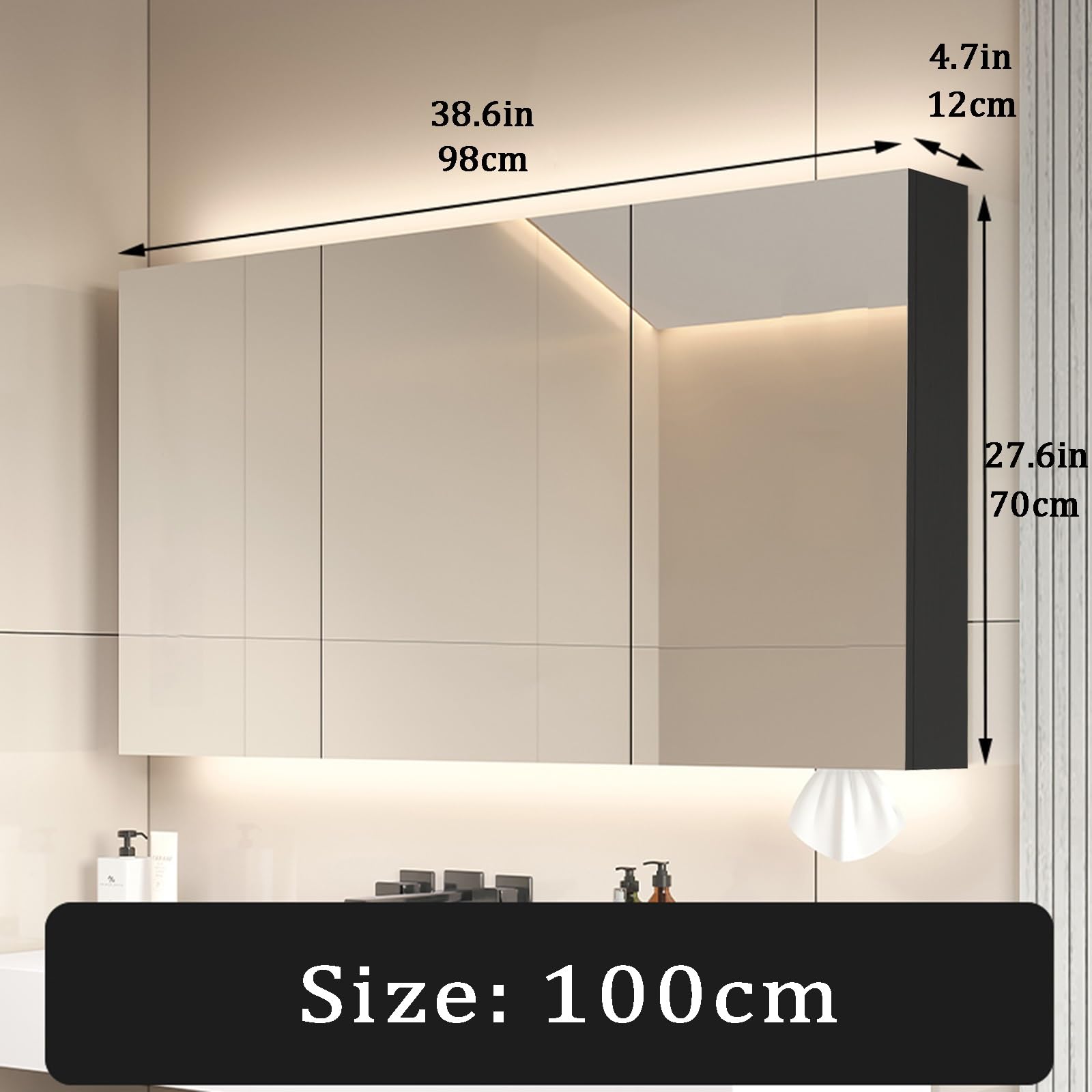 Specchio Espejo de baño con LED y espacio de almacenamiento, espejo de tocador de pared de 2 puertas, empotrado y de superficie, con regulador de intensidad y desempañador, interruptor táctil, di