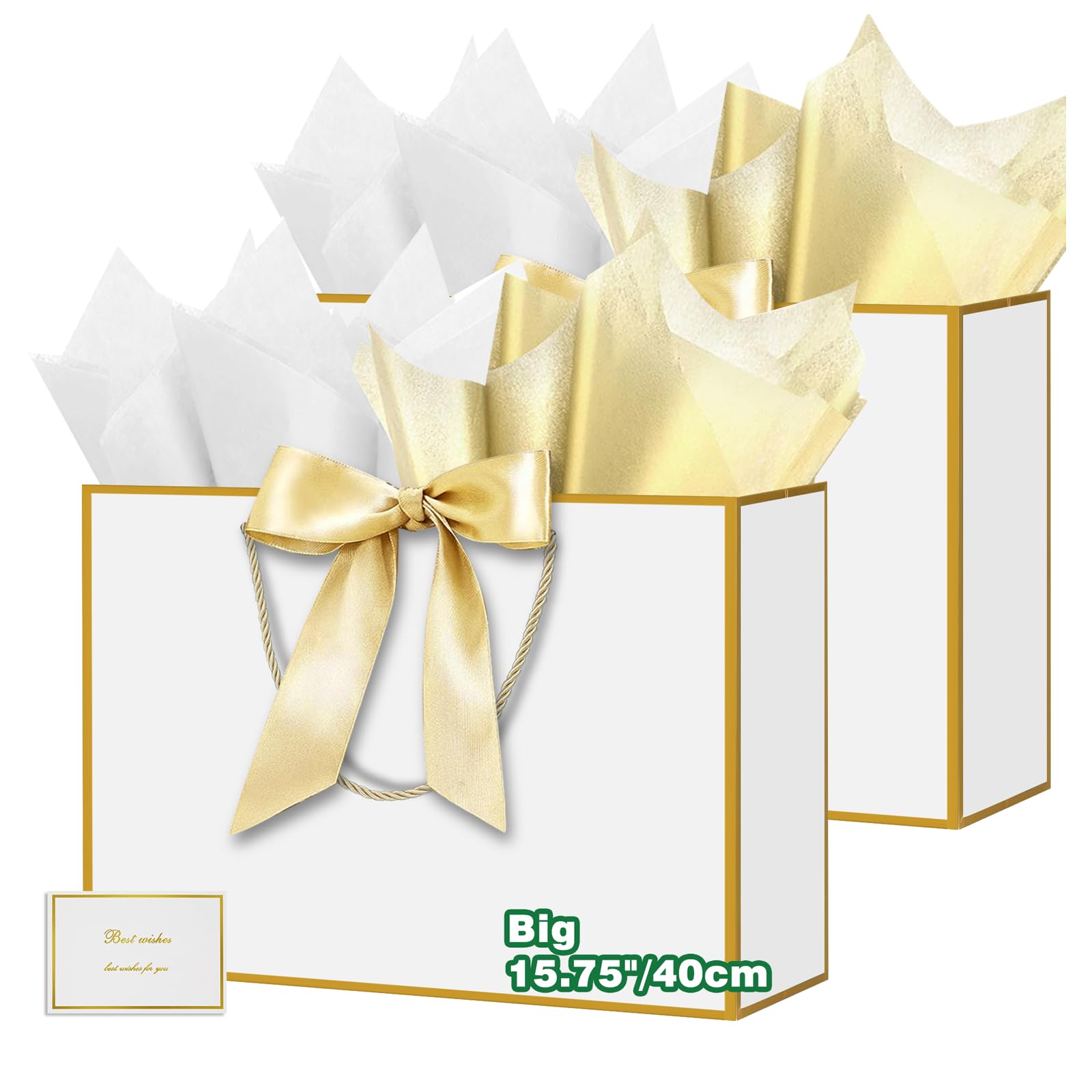 HONTIUS 2PCS 15.75'' Extra Large Gift Bag, Recyclable Presents Big Paper Gift Bags with Handles Ribbons Cards, 40*30*12.5cm Wedding Birthday Party Present Bridesmaid Gift Gifts Bag Reinforced Base C