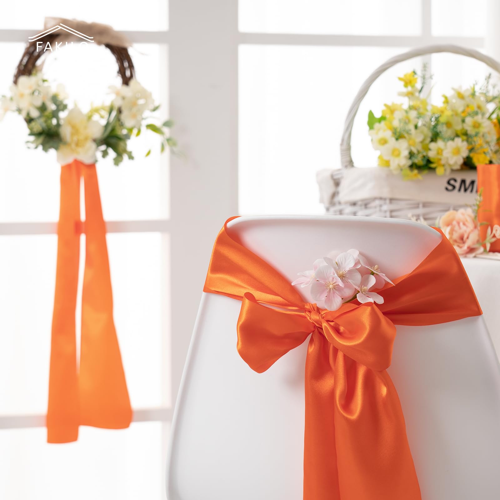 FAKILO Orange Satin Ribbon 4 Inch x 22 yd Wide Thick Ribbon for a Grand Opening Business Ribbon Cuttings Ceremony Bow Wedding Chairs Party Christmas Festival Decor - Image 4