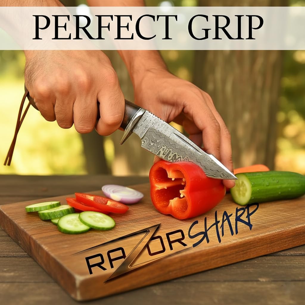 Hunting Knife 10 Inches - Handmade Damascus Steel Fixed Blade Knives - Walnut Wood Handle & Leather Sheath - Bushcraft Outdoor, Skinning & Survival Knife - Image 4