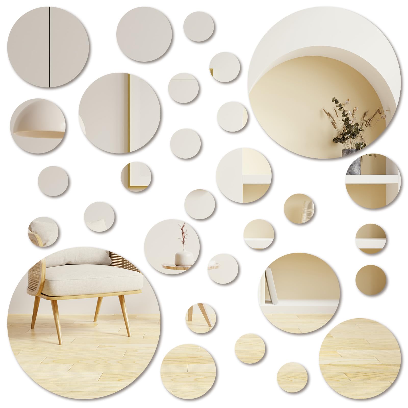 30 Pcs Round Mirror Tiles Self Adhesive, Mirror Wall Decals, Circular Glass Stick On Mirrors, Circle Mirrors for Wall Decor for Bedroom, Bathroom, Living Room, Door, 4 Sizes