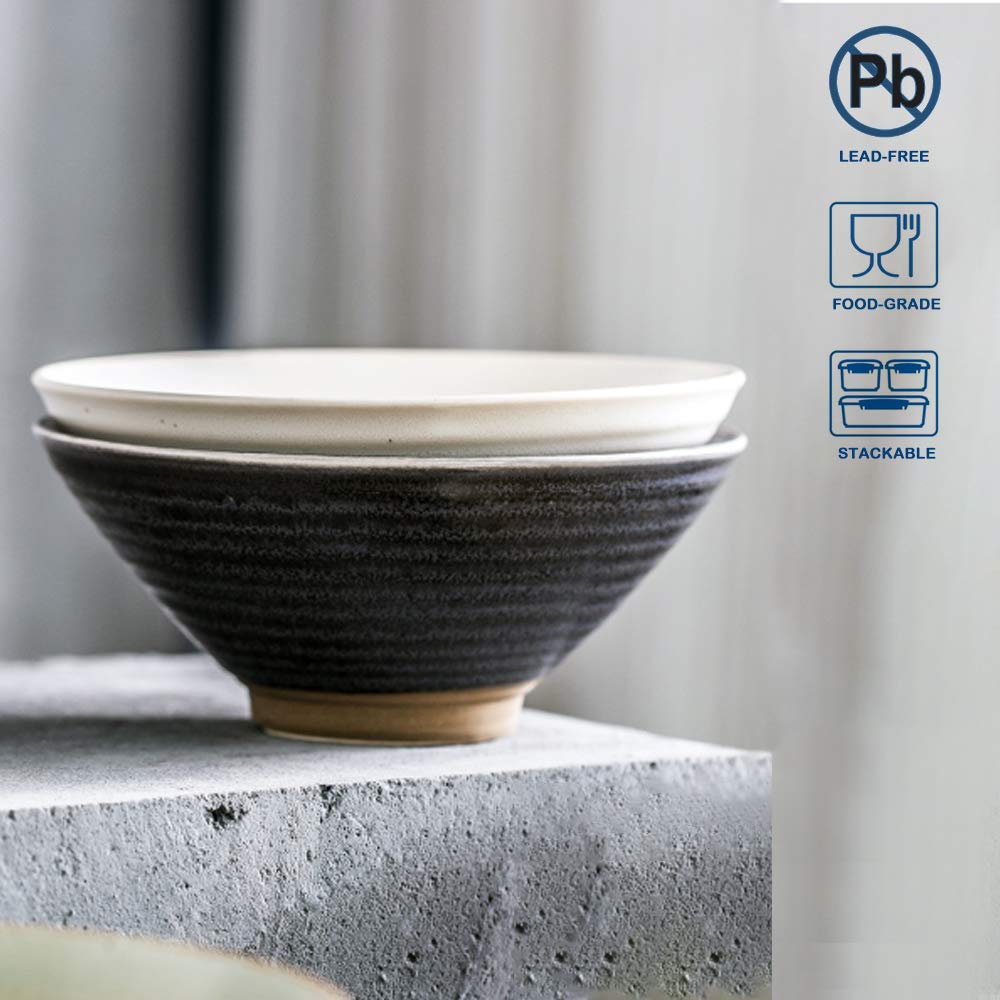 Genérico Tazón de Porcelana para Sopa de Fideos Ramen con Palillos y cucharas, 2 tazones japoneses Grandes de 600 ml para Udon, pho, Pasta y ensaladas, tazones para Cereales y Fideos.