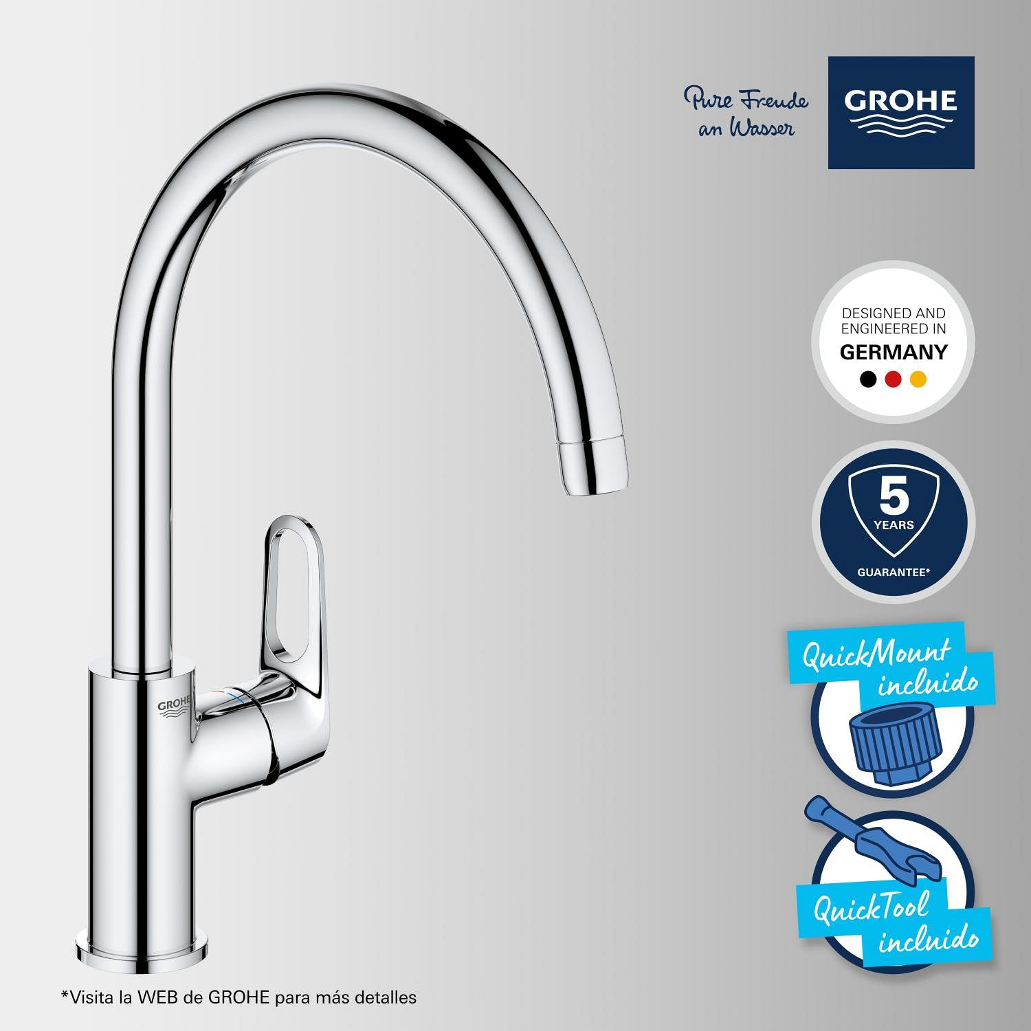 Grohe Start Flow Quickfix - Grifo de cocina, caño alto en C, función de control del consumo de agua, cromo, ref. 31555001