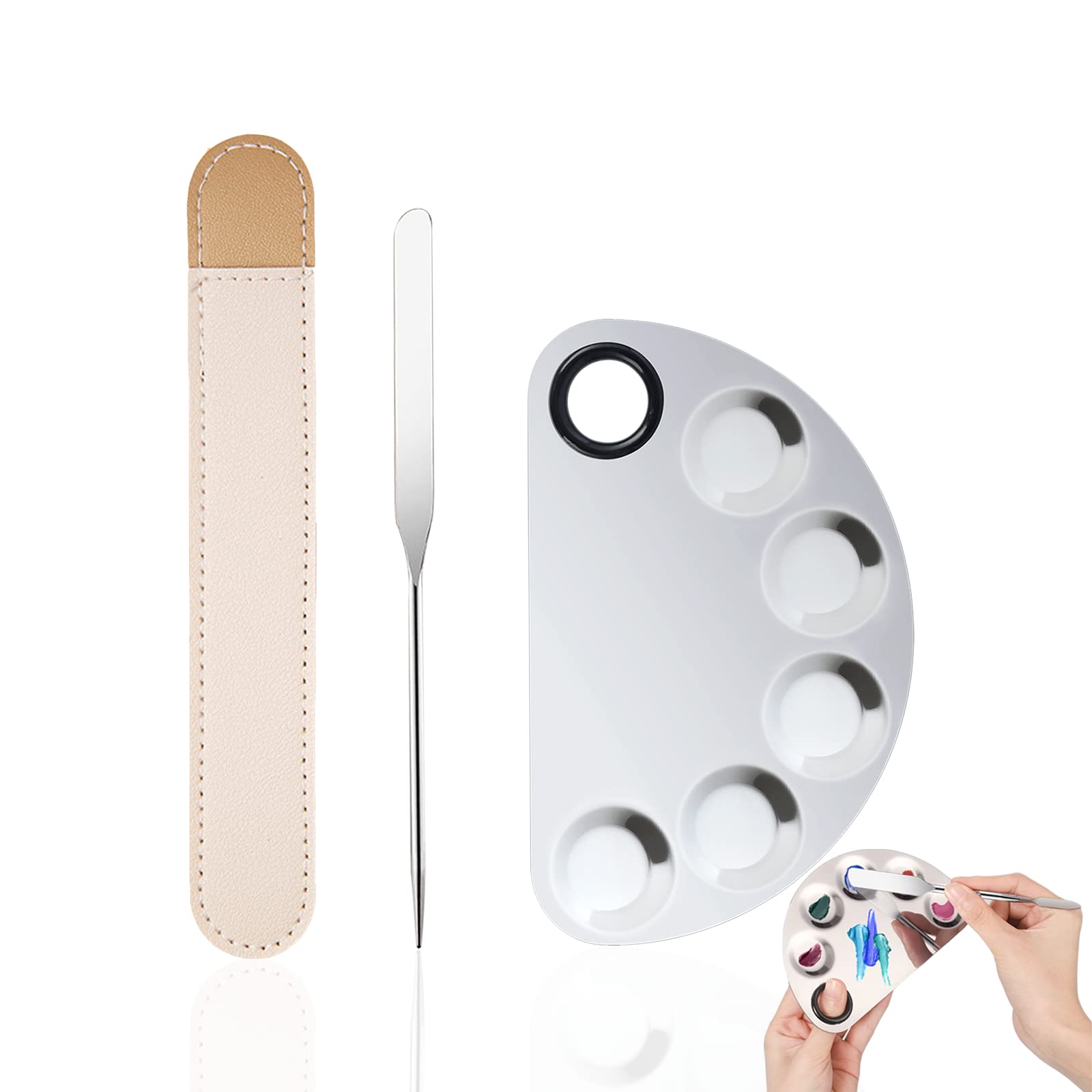 Penubuy paleta de maquillaje coreano y herramienta de espátula, espátulas de maquillaje con funda de cuero para mezclar base líquida, pintura de uñas, etc.