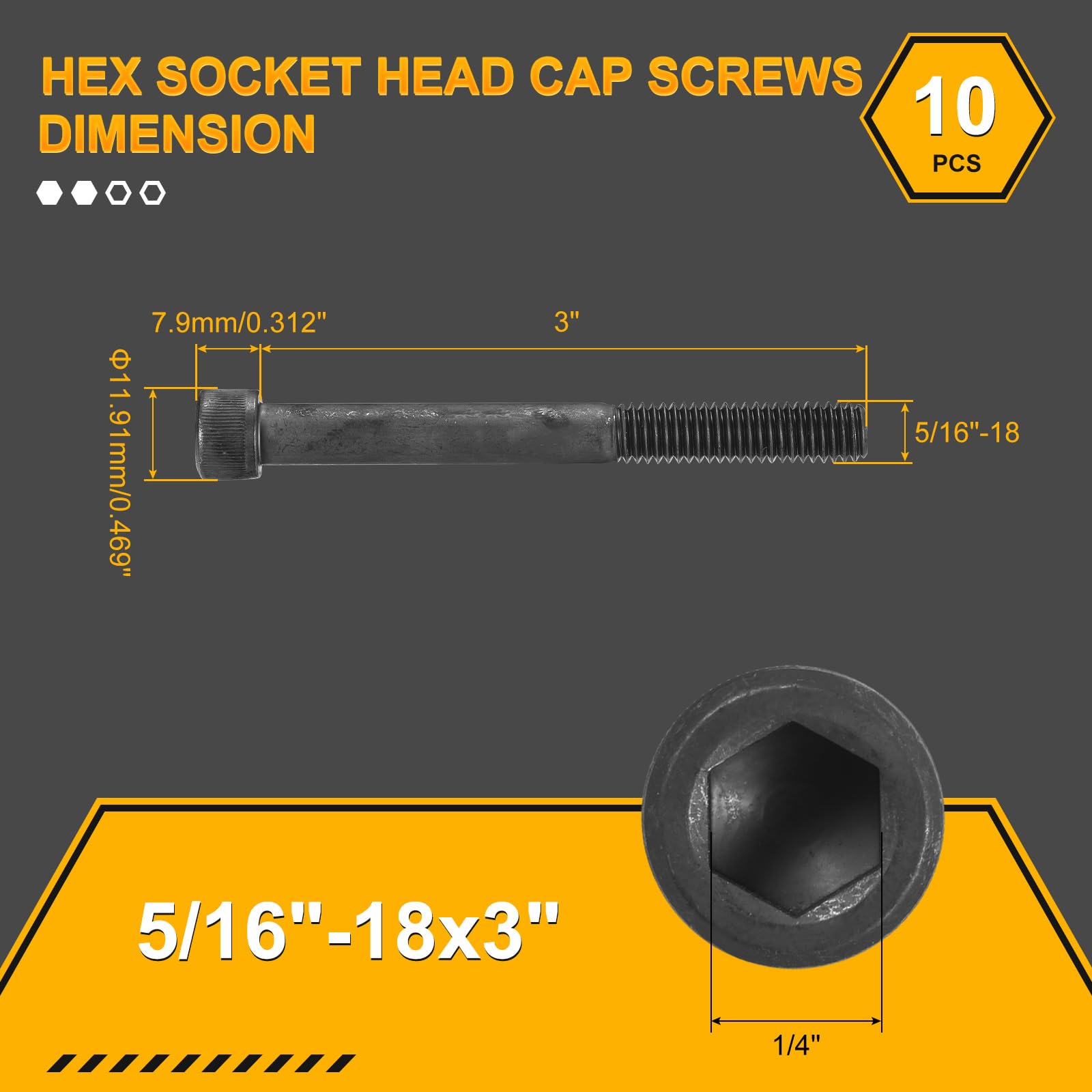 DTGN 5/16"-18x3" Socket Head Cap Screws Bolts, 10Pack, Good for Road Bicycle Mountain Bike, Auto, Motorcycle - Image 2