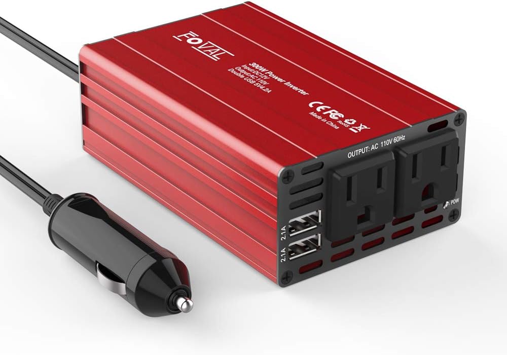 FOVAL Power Inverter 300W DC 12V to 110V AC Converter with 4.2A Dual USB Car Charger Red