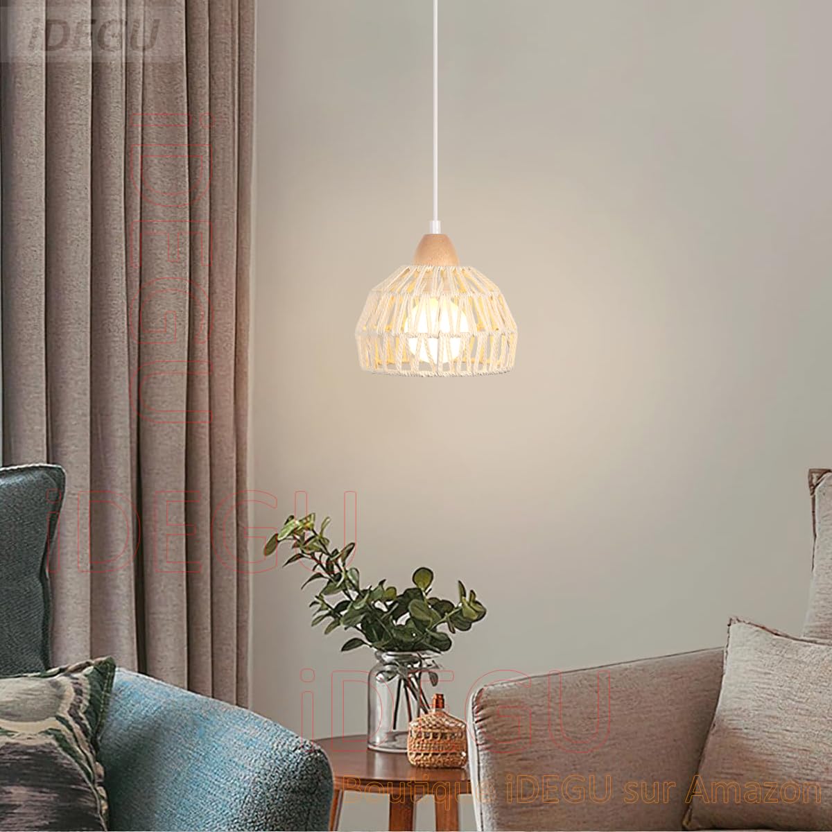 iDEGU 20cm Retro Pendant Light E27 Ceiling Light Bohemian Style Hanging Lampshade in Rattan Wood Vintage Pendant Light Fixture for Bedroom Dining Room Kitchen Restaurant Cafe (Cream White) - Image 2