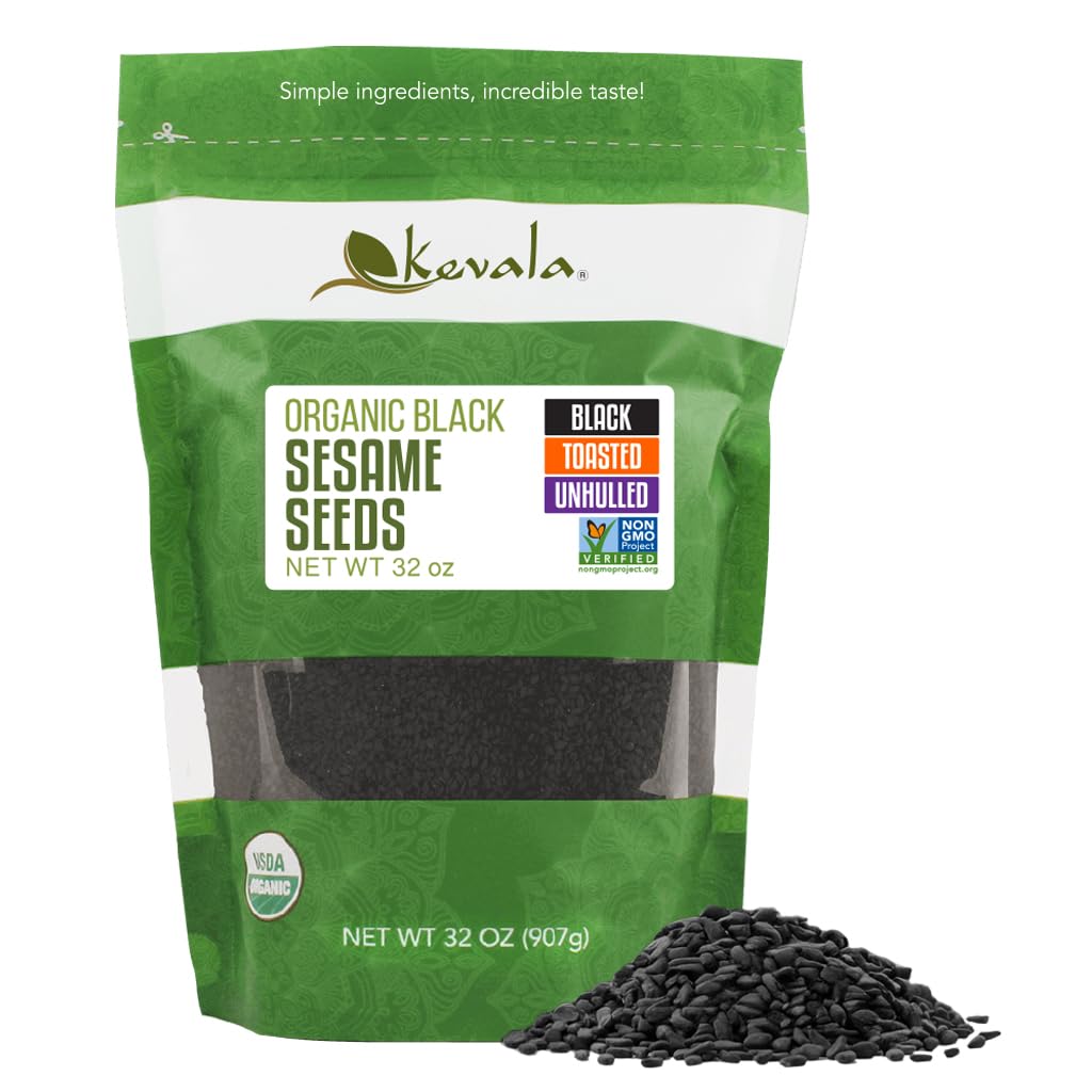 Kevala Organic Black Toasted Sesame Seeds - Unhulled Seeds for Baking and Cooking, Roasted Black Sesame for Asian Cuisine, Contain Unsaturated Fats and Lignans, Convenient Resealable Bag, 2 lb, 32 ozUSDA Organic