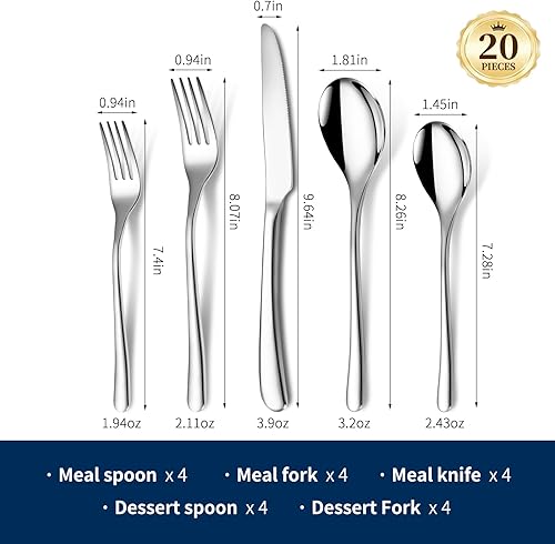 Miniatura 2 de Juego de cubiertos de 20 piezas, juego de cubiertos para 4, juego de cubiertos de peso equilibrado para el hogar, cocina, restaurante, boda, espejo