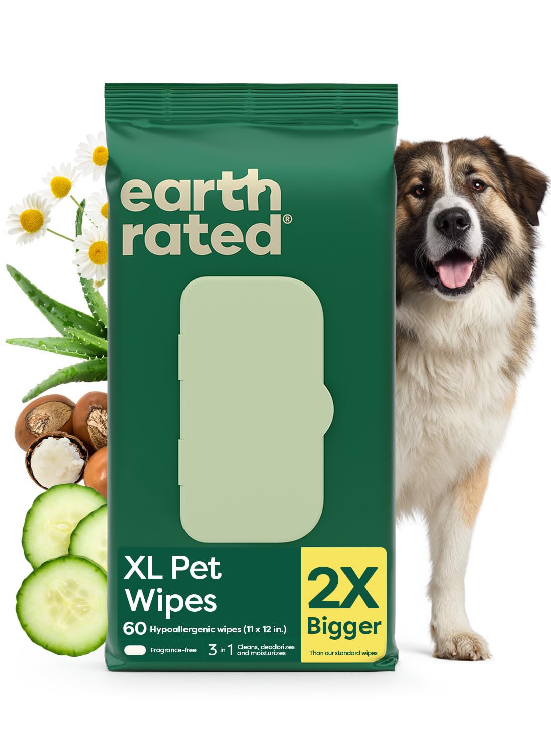 Earth Rated XL Pet Wipes for Dogs & Cats, Unscented Hypoallergenic, 60 Ct