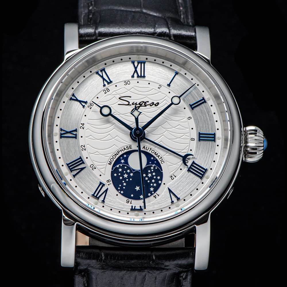 Moonphase Automatische mechanische Herrenuhr Armbanduhren Möwenwerk ST2108 wasserdichte Uhr Saphirglas Uhren, blau, Retro