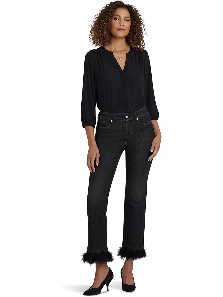 Black NYDJ Marilyn Straight Ankle Feather Trim Jeans in French Nightfall