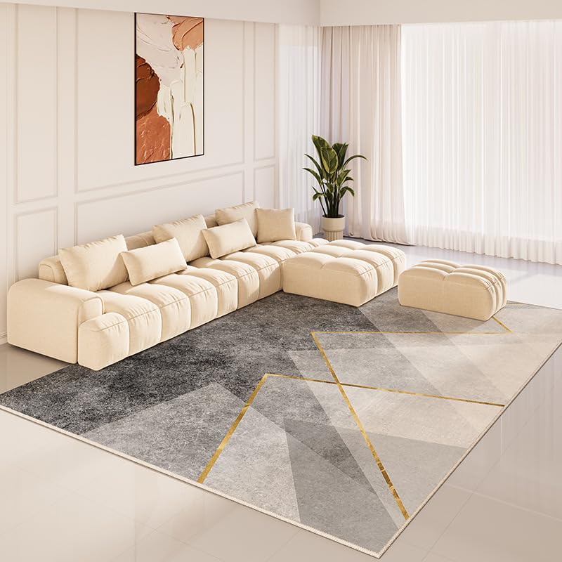 Tapis salon grand format 180x200cm blanc géométrique lavable poils ras doux