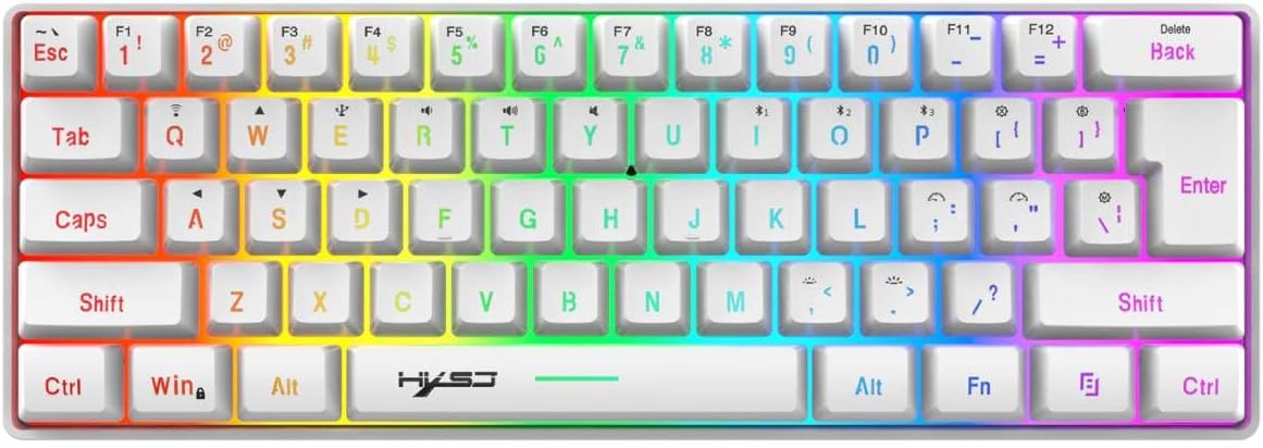 HXSJ 61 Keys Gaming Keyboard, Three Modes Wired/2.4G/Bluetooth 5.0, RGB Backlit Mechanical Feel Membrane Keyboard, 2000mAh Rechargeable Mini Keyboard – White