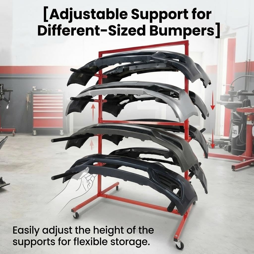 Bumper Storage Rack, Double-Sided Mobile Bumper Storage Racks, Heavy-Duty Bumper Storage Stand, Holds 8 Large Bumpers, 83" Tall, 4 Casters – Bumper Organizer for Body Shop, Paint Prep & Auto Repair