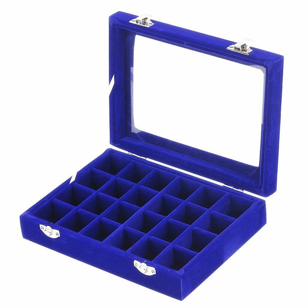 LANTWOO 24 Grids Velvet Glass Ring Earrings Jewelry Box Earrings Organiser Storage Holder Display Case