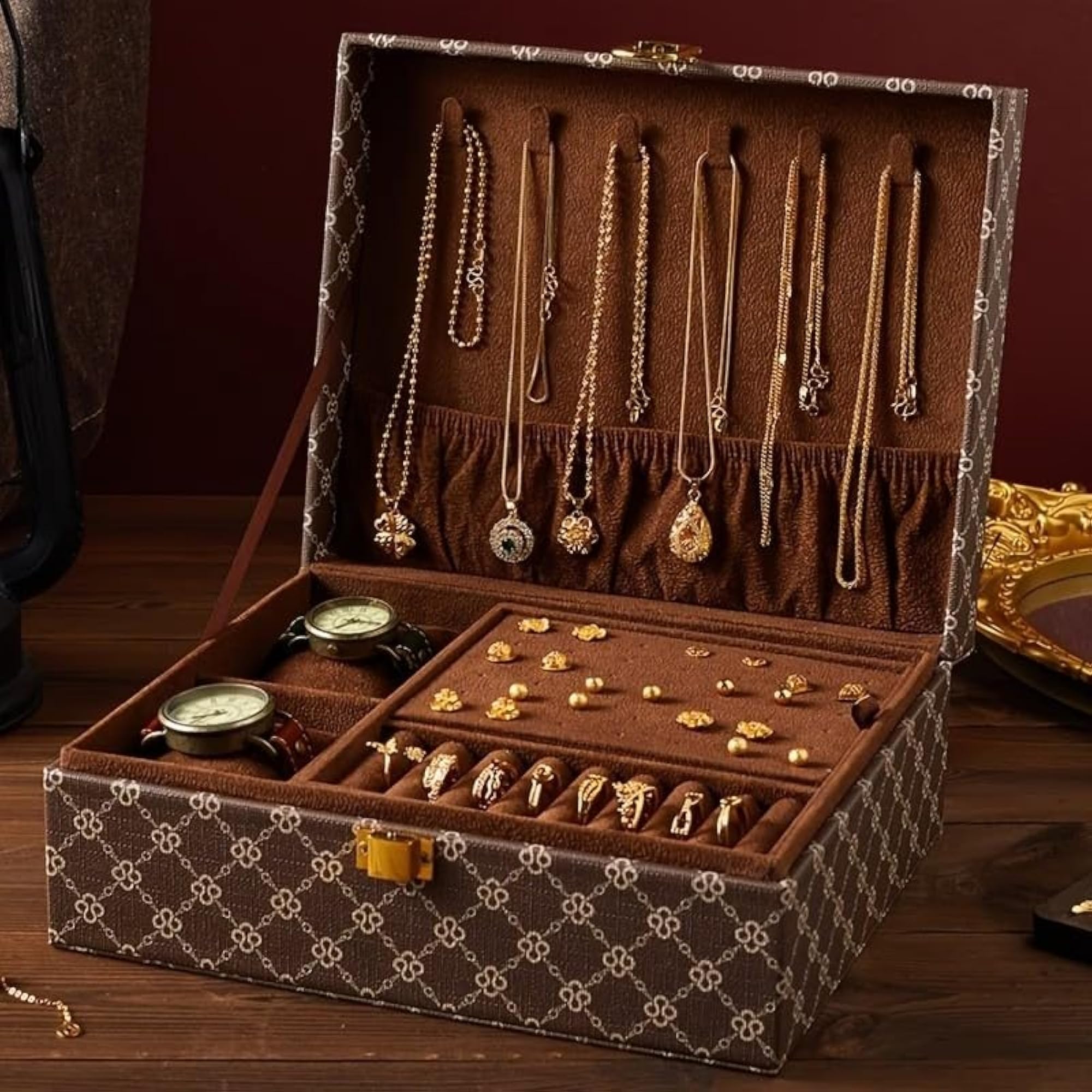 Vintage Pattern Jewellery Box Organizer with Golden Latch