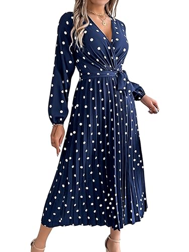 Polka Dot Maxi Dress, Pleated V Neck, Fall Holiday, Flowy