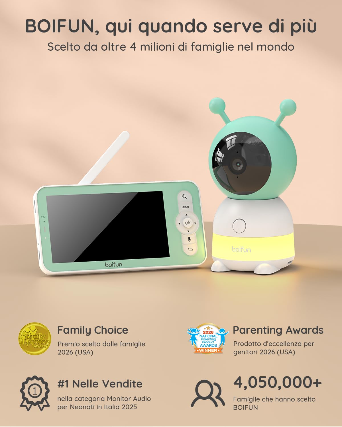 BOIFUN Baby monitor 5" con schermo diviso e 2 telecamere, baby monitor WiFi 2K tramite schermo e controllo tramite app, registrazione e riproduzione, sensore di temperatura e umidità