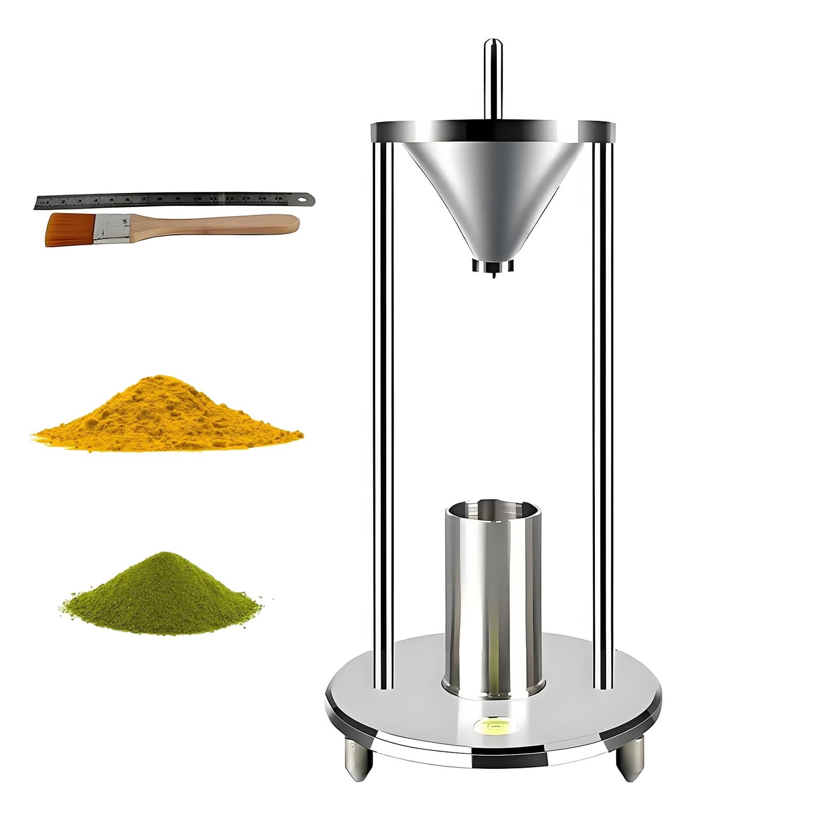 Medidor de densidad aparente para polvos, medidor de densidad de apilamiento natural con raspador y cepillo, de acero inoxidable, con abertura de embudo de 12,7 mm de diámetro