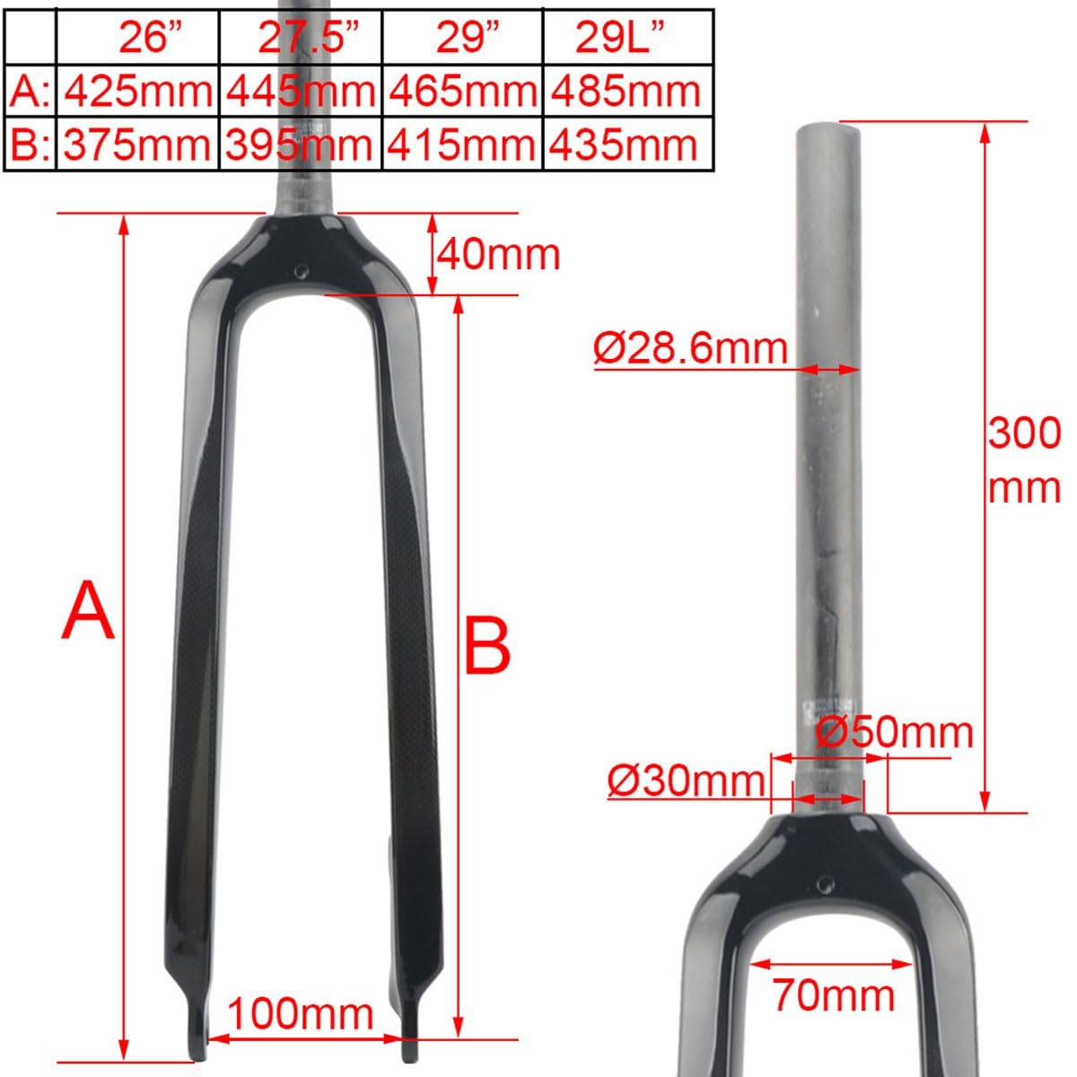 Forcella per Mountain Bike 26in 27.5in 29in 29L in Fibra di Carbonio, Rigida, Tubo Dritto da 1-1/8'', Conico da 1-1/2'', Freno a Disco Anteriore 9 * 100mm QR (Nero Opaco A, DRITTO29L
