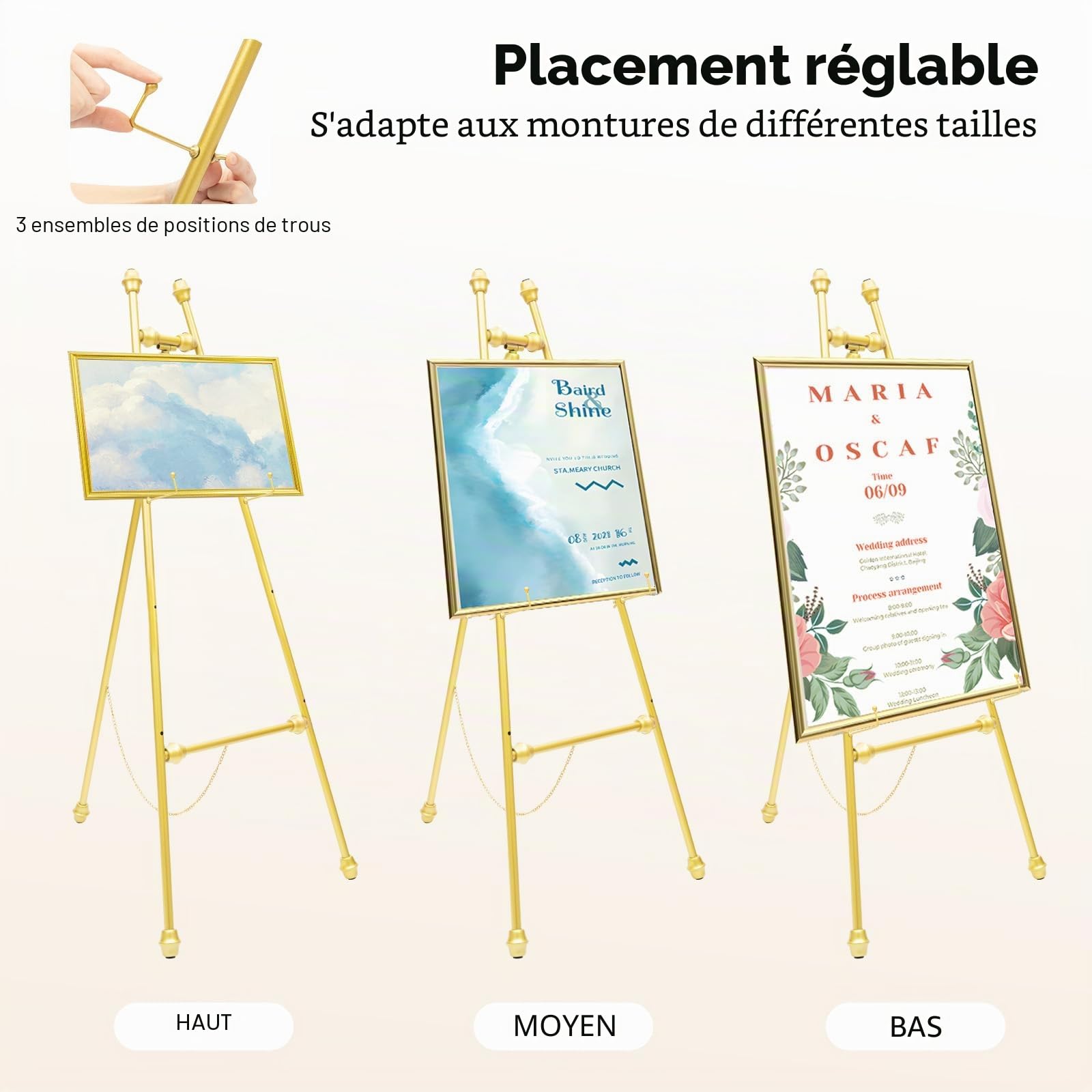 Lot de 2 chevalets dorés pour panneaux de mariage et affiches - Structure triangulaire stable - Longueur de la chaîne réglable - Trépied en métal - Peinture de studio - Salon de voiture -