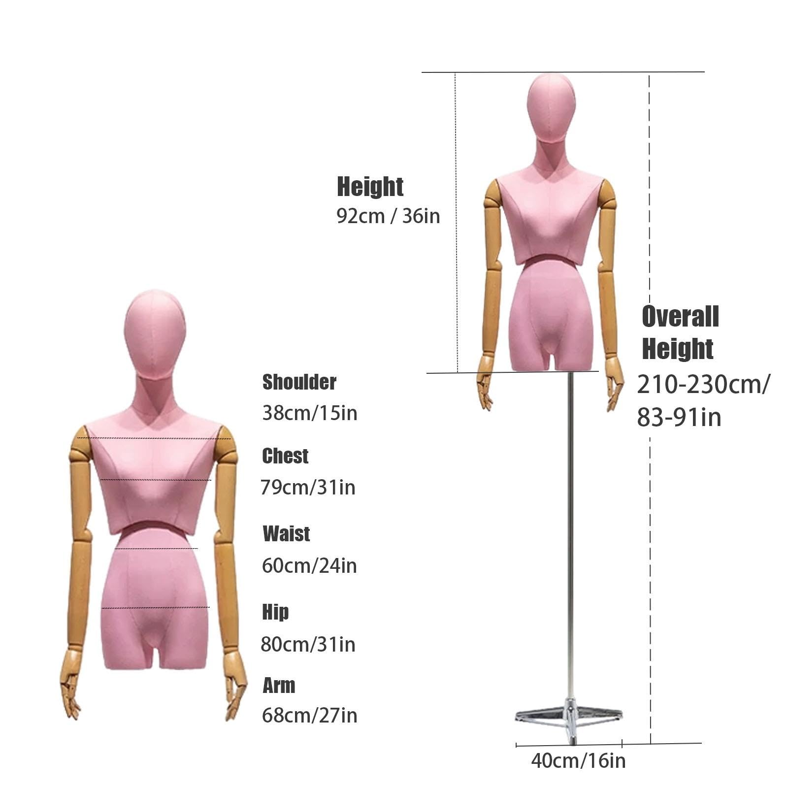 Manekin Damski Tors z Głową i Ramionami, Stabilna Podstawa Trójnoga | Haczyki w Dłoniach do Toreb, Obrotowa Talia, idealny do Ekspozycji Butiku i Fotografii Odzieży(Pink)