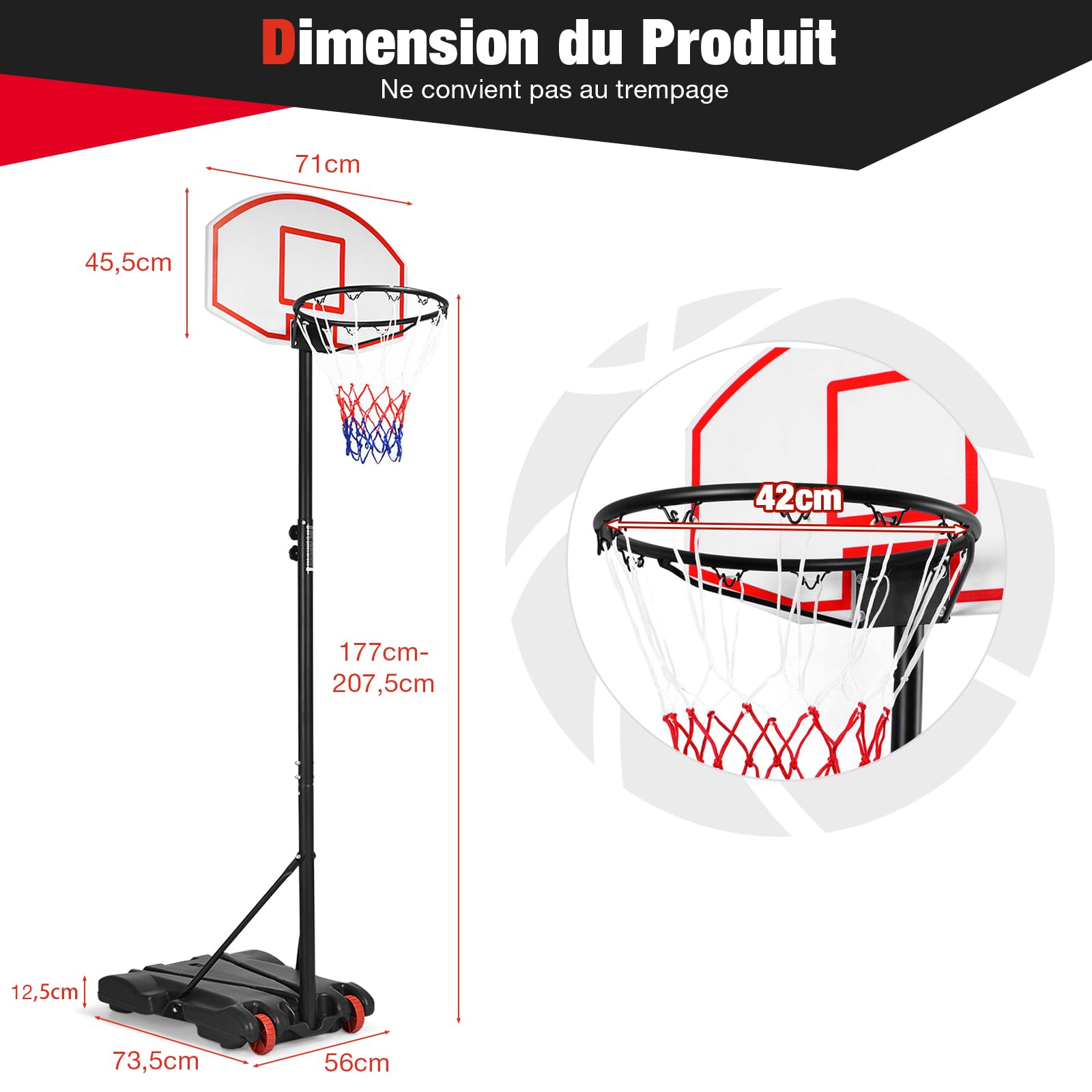 GYMAX Panier de Basket-Ball Extérieur pour Enfants, Hauteur Réglable 178-208cm, 2 Filets Inclus, Mobile avec Roues, Base Remplissable d'eau 25kg ou Sable 30kg