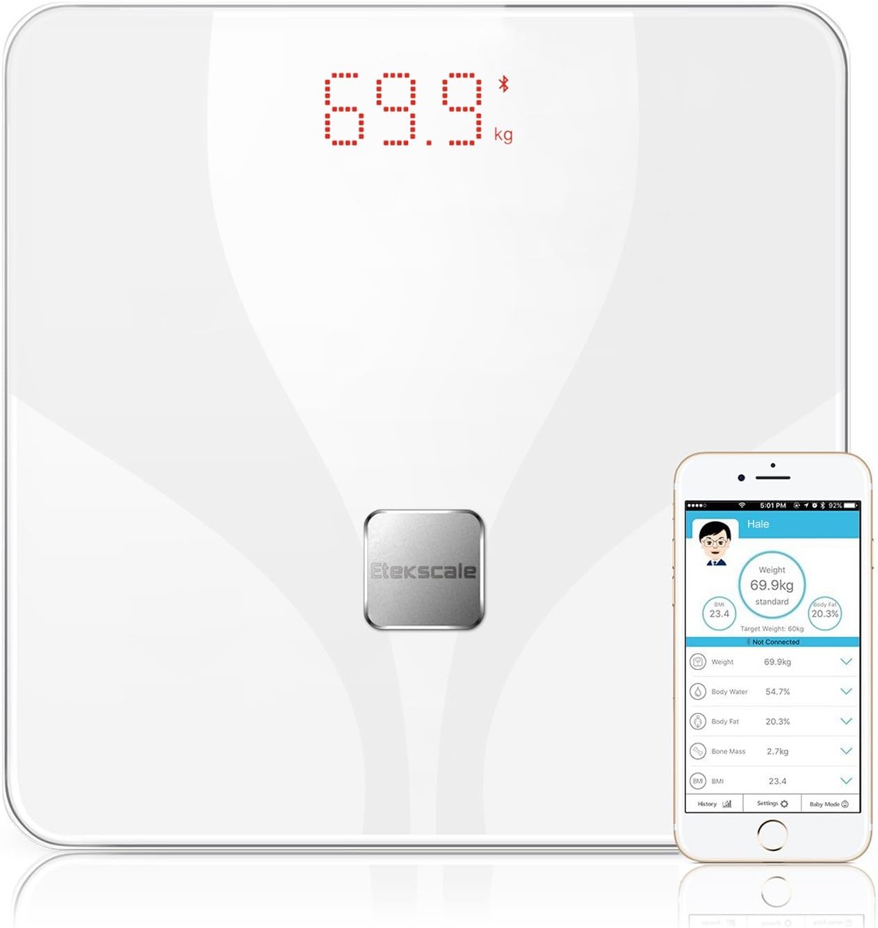 Body Fat Scale, Etekscale Bluetooth Body Fat Scale with iOS and Android,Digital Body Weight with Unlimited Users App,8 Body Composition Monitors,Step On,White