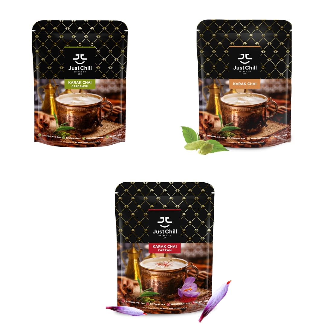 Just Chill Drinks Co. Karak Chai Tea Premix Combo - Regular, Zafran, Cardamom (1000 g Each)