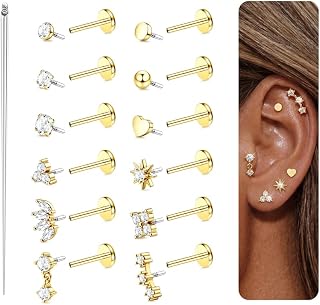TEN MIRO Flat Back Stud Cartilage Earring for Women Tragus Piercing Jewelry | 16G 18G 20G Hypoallergenic Earrings, Gold Silver Surgical Steel Nose Studs Internal Thread Conch Ring, Helix Piercing Jewelry
