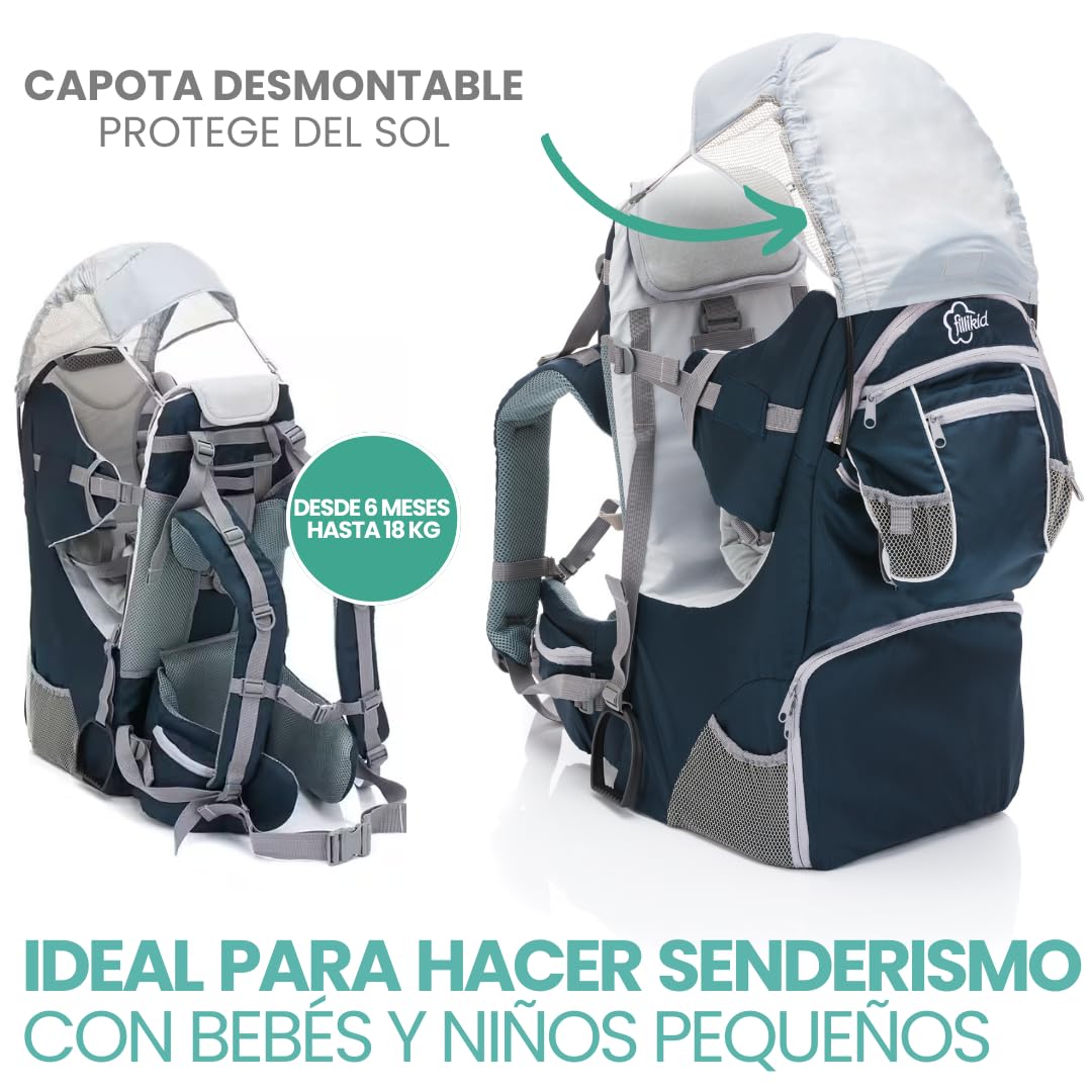 Fillikid Mochila Portabebés Senderismo - Portabebes Trekking desde 6 Meses hasta 18 kg, Mochila Bebe con Protección Solar, Mochila Infantil y Compartimentos de Almacenamiento - Azul/Gris