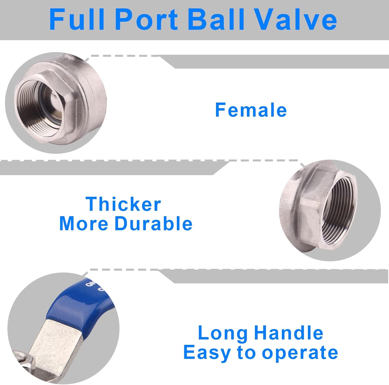 DERNORD Full Port Ball Valve Stainless Steel 304 Heavy Duty for Water, Oil, and Gas with Blue Locking Handles (1-1/2" NPT)