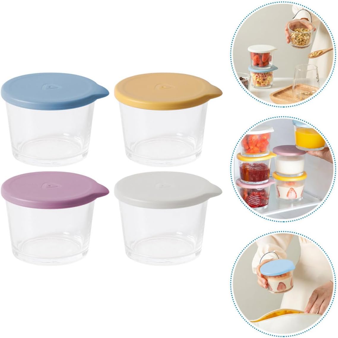 4pcs Glass Food Storage Containers with Airtight Seal 260ml Multi-color Kitchen Snack and Fruit Storage Jars for Refrigerator Organization