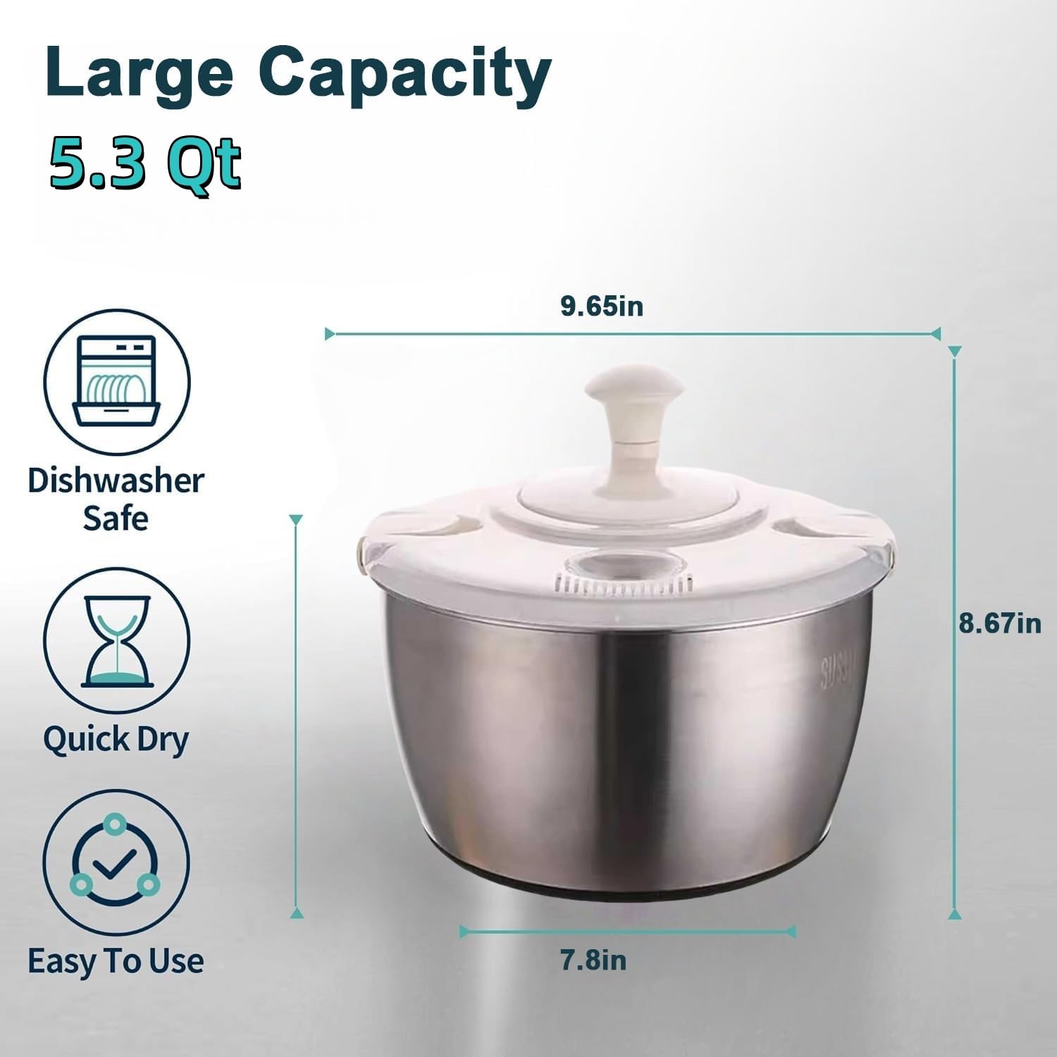 Centrifuga per insalata in acciaio inox da 5,3 qt, grande capacità, detergente per frutta e verdura, asciuga insalata con uscita rapida per centrifuga e scarico, colino multiuso