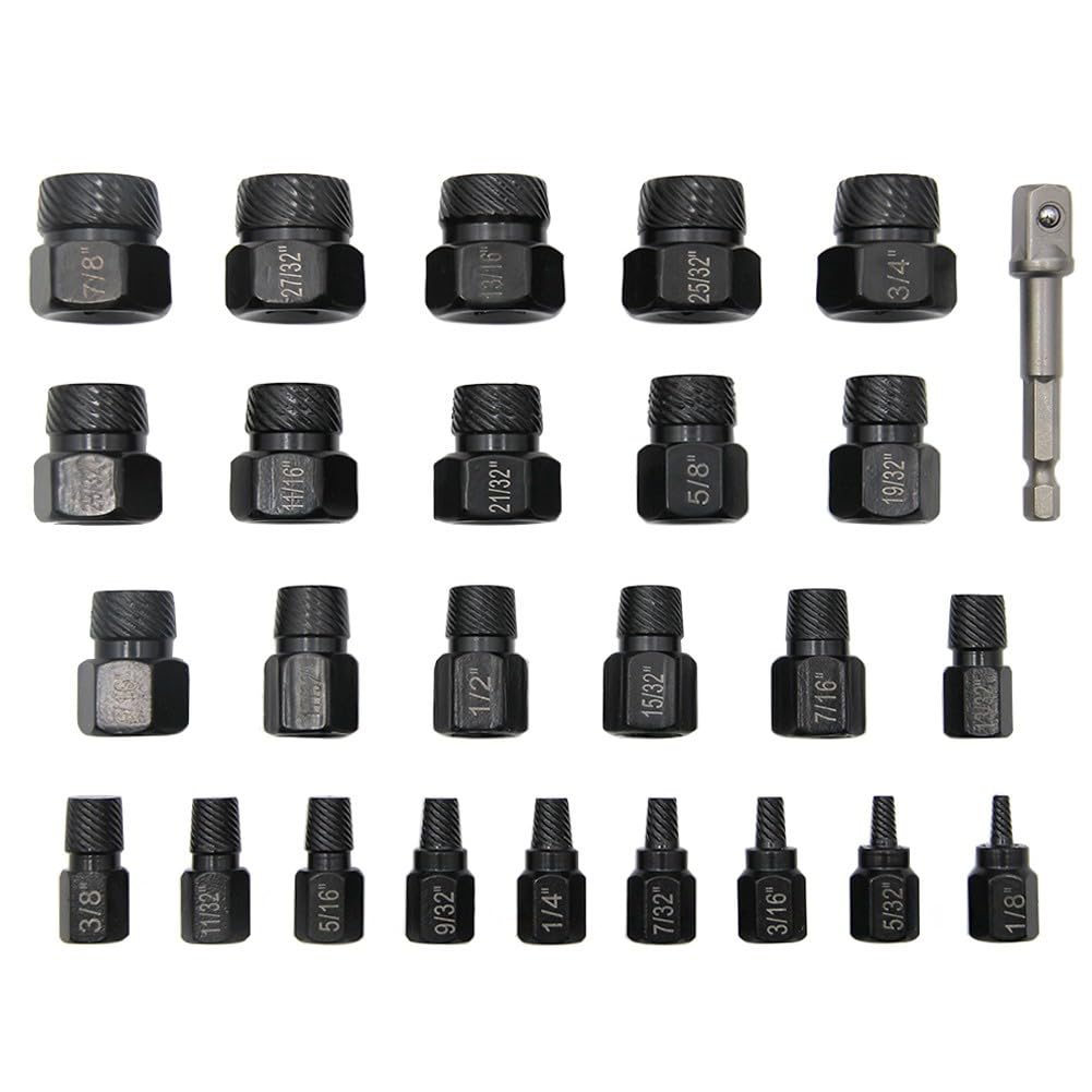 Juego de extractor de tornillos, kit de extracción de pernos, herramienta de perno roto, accionamiento 3/8, acero de alto carbono, 26 piezas para sujetadores dañados