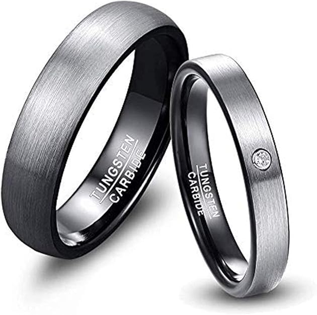 Anello Di Coppia In Tungsteno - Uomo 6mm Grigio, Donna 4mm Con Zirconio, Taglie 15-32