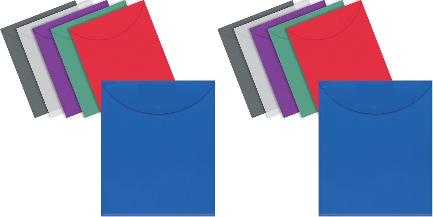 Better Office Products 24 Plastic Envelopes, Reusable Poly Envelopes, Letter Size, Assorted Colors, Transparent, TOP Loading, with 1" Gusset for Extra Capacity, Hook & Loop Closure (Pack of 2)