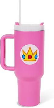 Pyramid America Super Mario Bros. Princess Peach Icon Metal Travel Tumbler With Leak-Resistant Lid and Reusable Straw | Holds 40 Ounces