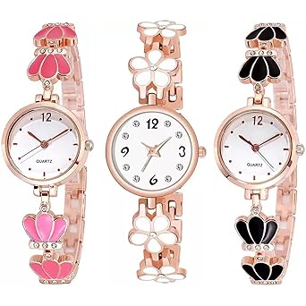 Goldenize fashion Branded Multicolour Stainless Steel Watch with Bracelet Women & Girls Watches Pack of 3