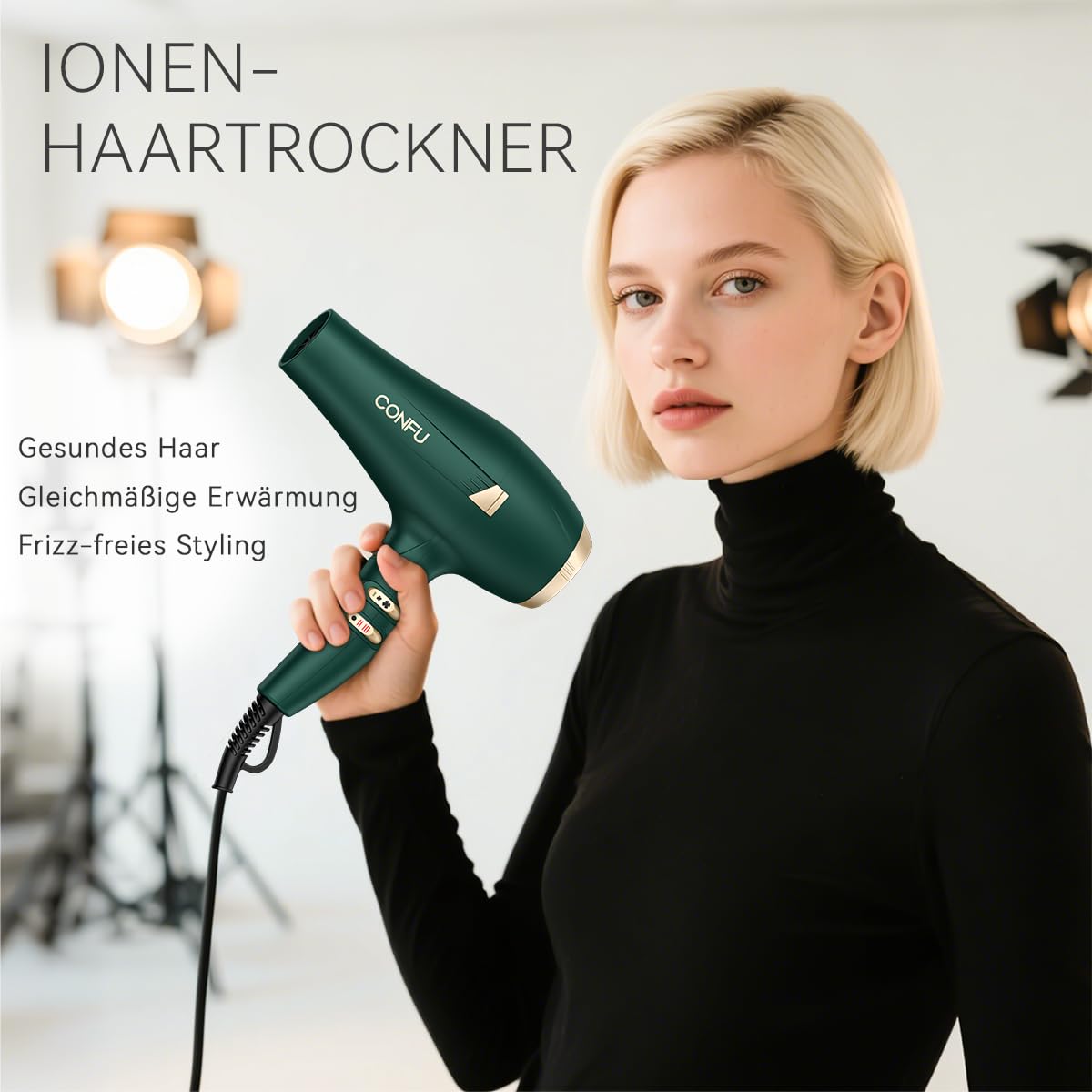 CONFU Föhn Ionen 2400W Haartrockner mit Diffusor, Professioneller Haarfön Schnelltrocknend, 3 Heiz- und 2 Geschwindigkeitsstufen für Hause Salon Reis