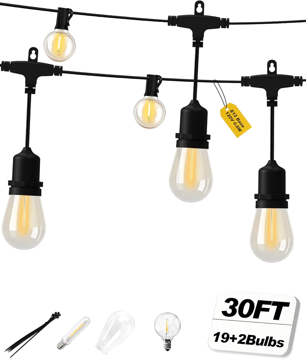 Outdoor String Lights 30FT, Patio Lights Outdoor Waterproof, Plug-in Hanging Lights with Shatterproof LED Bulbs, 2700K Warm White, E12 Connectable Lights for Porch Backyard Balcony Gazebo