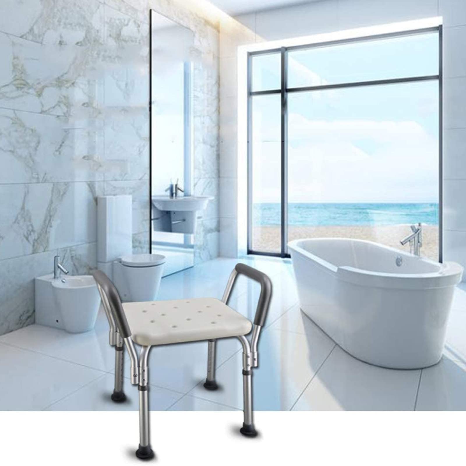 Asiento De Ducha con Asas Silla De Baño Antideslizante - Patas De Altura Ajustable y Pies De Ventosa, Baño Ayuda De Seguridad para Ancianos ， Taburete De Baño De Aleación De Aluminio