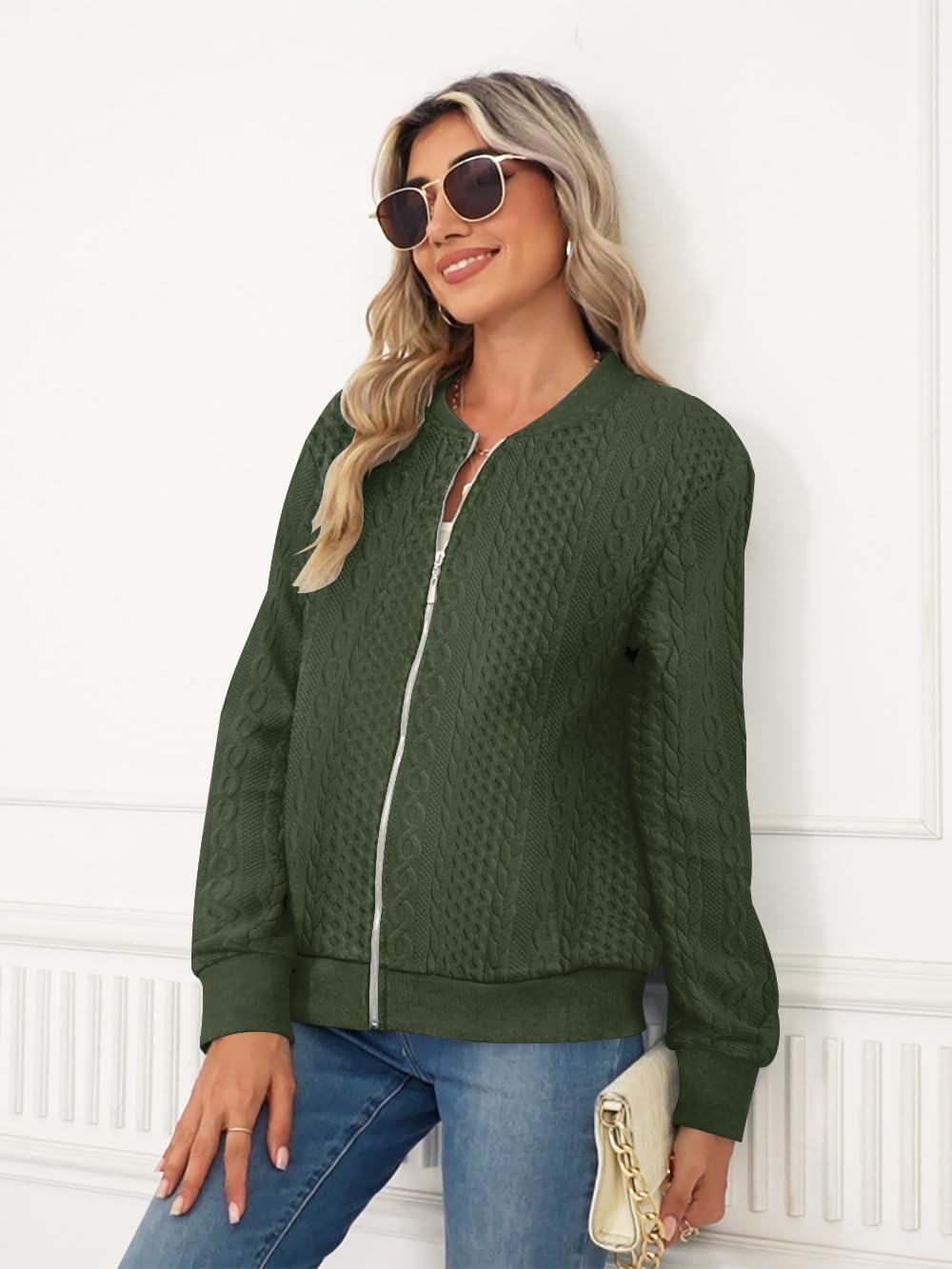 Women's Zip up Sweatshirt Jacket Stand Collar Hoodless Outerwear Casual Coat with Pockets - Image 3